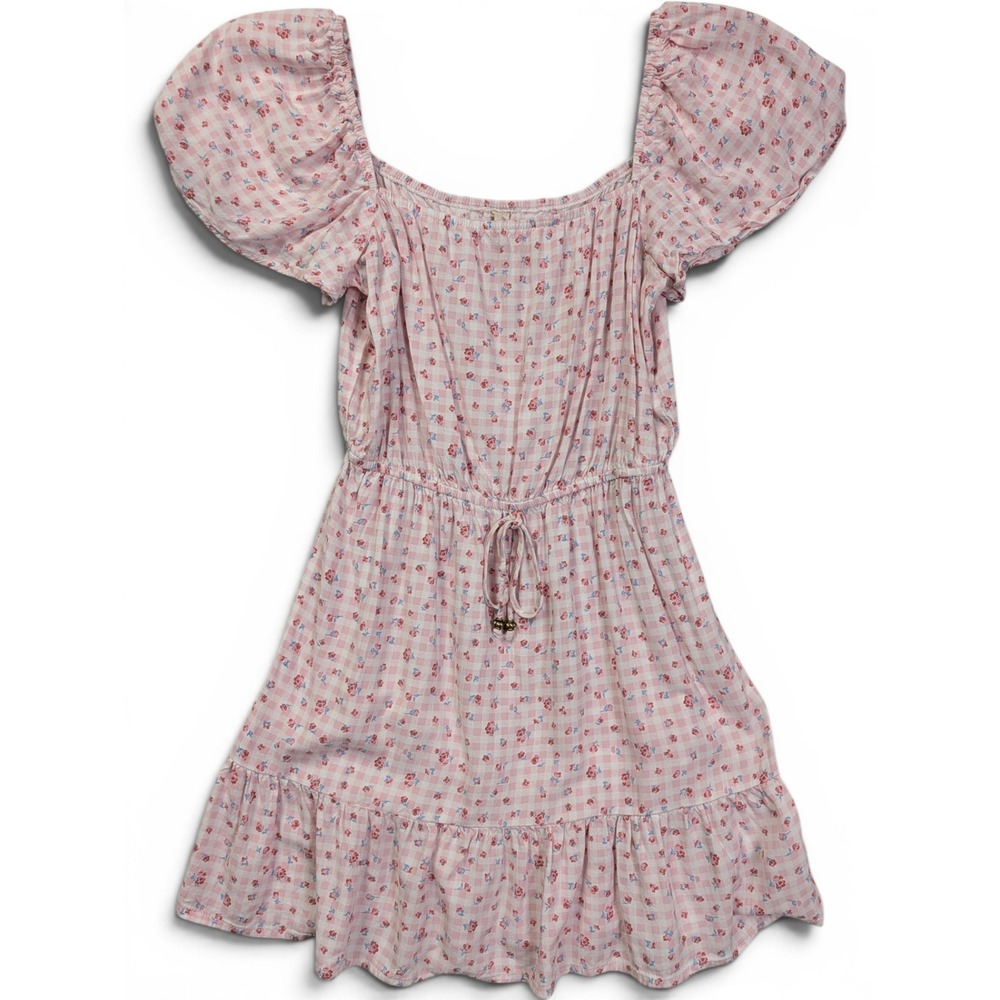 Bebop Womens Dress Sz S Gingham Floral Puff Sleeve Ruffle Pink